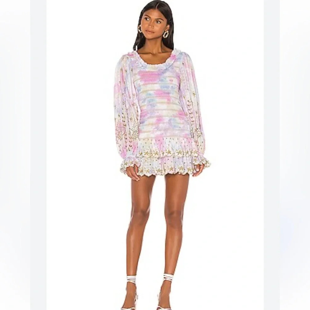 LOVESHACKFANCY Celia Smocked Eyelet Long Sleeve Mini Ruffle Dress Revolve Cotton